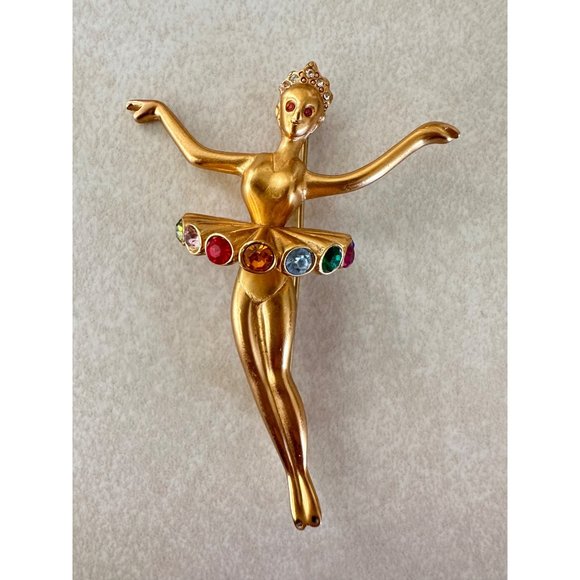 HMI 1992 vintage gold tone lady figural ballerina rainbow rhinestones brooch - Picture 1 of 9